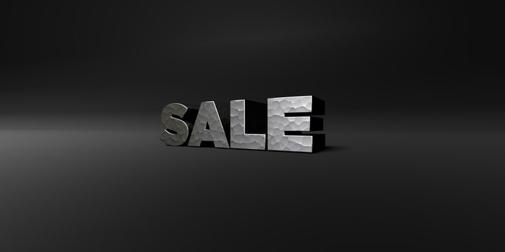SALE - hammered metal finish text on black studio - 3D rendered royalty free stock photo. This image can be used for an online website banner ad or a print postcard.