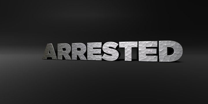 ARRESTED - hammered metal finish text on black studio - 3D rendered royalty free stock photo. This image can be used for an online website banner ad or a print postcard.