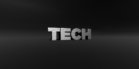TECH - hammered metal finish text on black studio - 3D rendered royalty free stock photo. This image can be used for an online website banner ad or a print postcard.