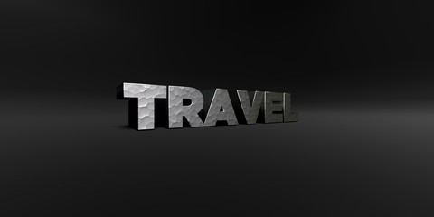 TRAVEL - hammered metal finish text on black studio - 3D rendered royalty free stock photo. This image can be used for an online website banner ad or a print postcard.