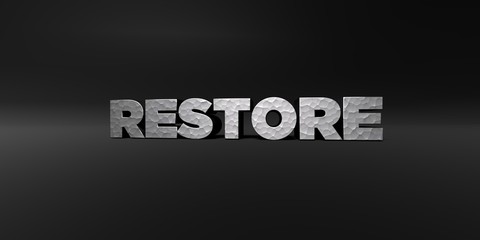 RESTORE - hammered metal finish text on black studio - 3D rendered royalty free stock photo. This image can be used for an online website banner ad or a print postcard.