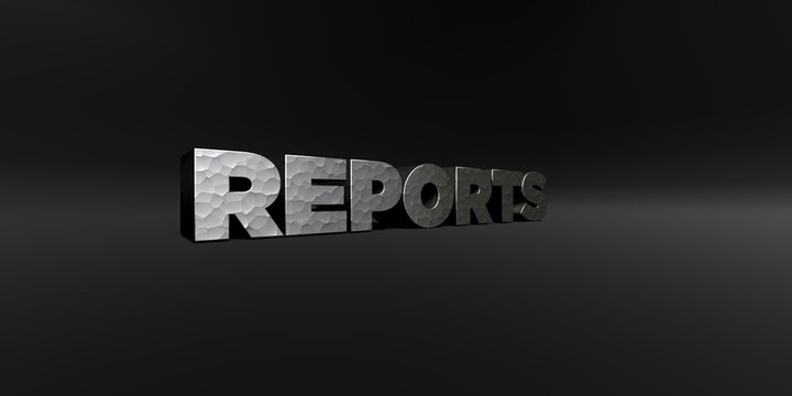 REPORTS - hammered metal finish text on black studio - 3D rendered royalty free stock photo. This image can be used for an online website banner ad or a print postcard.