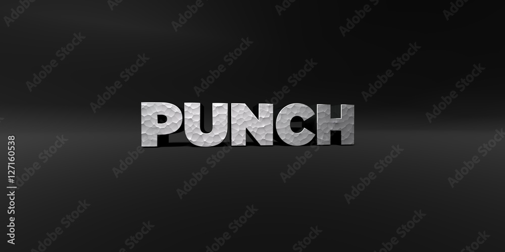 Fototapete punch - hammered metal finish text on black studio - 3d rendered royalty free stock photo. this imag