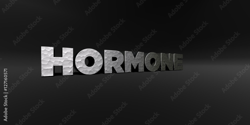 Fototapete hormone - hammered metal finish text on black studio - 3d rendered royalty free stock photo. this im