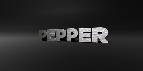 PEPPER - hammered metal finish text on black studio - 3D rendered royalty free stock photo. This image can be used for an online website banner ad or a print postcard.