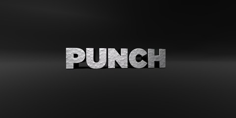 PUNCH - hammered metal finish text on black studio - 3D rendered royalty free stock photo. This image can be used for an online website banner ad or a print postcard.