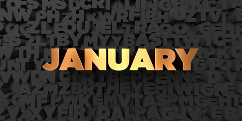 January - Gold text on black background - 3D rendered royalty free stock picture. This image can be used for an online website banner ad or a print postcard.