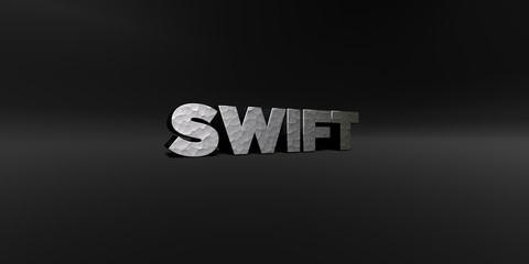 SWIFT - hammered metal finish text on black studio - 3D rendered royalty free stock photo. This image can be used for an online website banner ad or a print postcard.