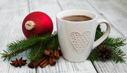 Cup of coffee and christmas decoration