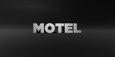 MOTEL - hammered metal finish text on black studio - 3D rendered royalty free stock photo. This image can be used for an online website banner ad or a print postcard.