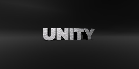 UNITY - hammered metal finish text on black studio - 3D rendered royalty free stock photo. This image can be used for an online website banner ad or a print postcard.