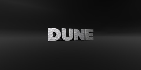 DUNE - hammered metal finish text on black studio - 3D rendered royalty free stock photo. This image can be used for an online website banner ad or a print postcard.