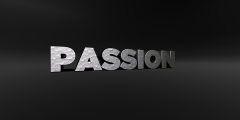 PASSION - hammered metal finish text on black studio - 3D rendered royalty free stock photo. This image can be used for an online website banner ad or a print postcard.
