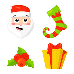 Christmas Icon Set Collection Vector. cartoon. New year traditional symbols collection. Christmas and New Year icons and objects. Santa, gift, sock and berry. vector clip art