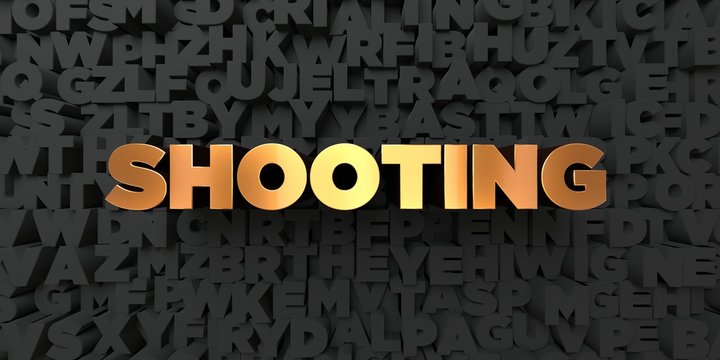 Shooting - Gold text on black background - 3D rendered royalty free stock picture. This image can be used for an online website banner ad or a print postcard.