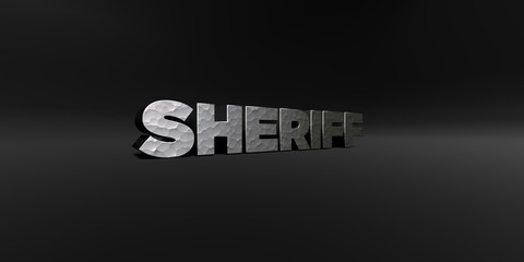 SHERIFF - hammered metal finish text on black studio - 3D rendered royalty free stock photo. This image can be used for an online website banner ad or a print postcard.