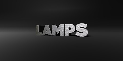 LAMPS - hammered metal finish text on black studio - 3D rendered royalty free stock photo. This image can be used for an online website banner ad or a print postcard.