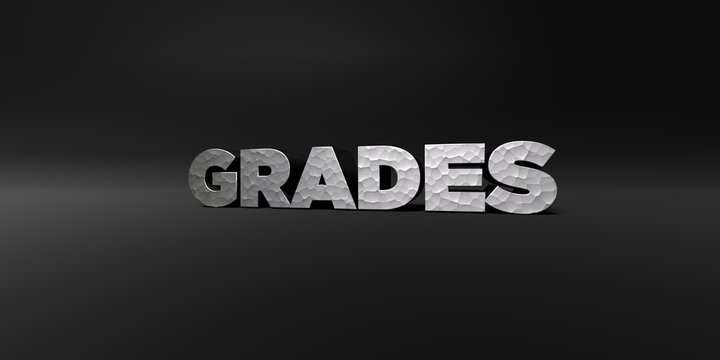 GRADES - hammered metal finish text on black studio - 3D rendered royalty free stock photo. This image can be used for an online website banner ad or a print postcard.