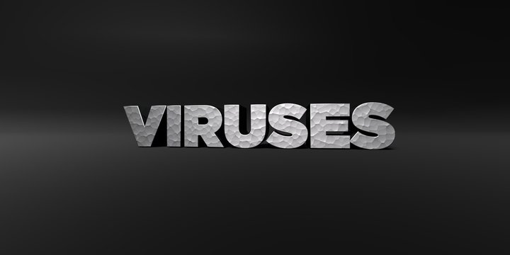 VIRUSES - hammered metal finish text on black studio - 3D rendered royalty free stock photo. This image can be used for an online website banner ad or a print postcard.