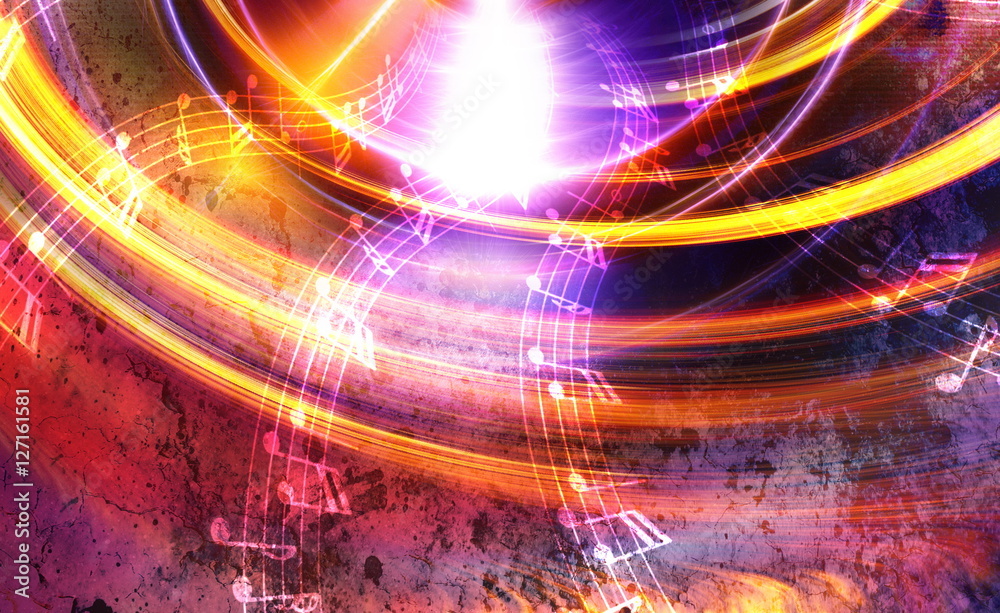 Poster music note and space with stars. abstract color background. music concept.