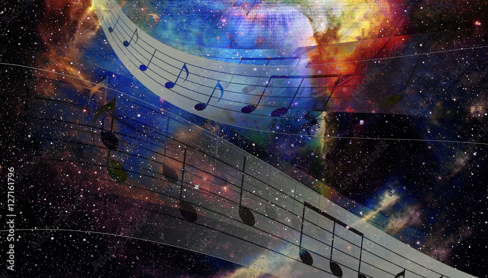 Poster music note and space with stars. abstract color background. music concept.