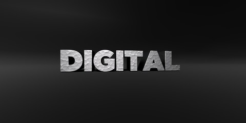 Fototapeta premium DIGITAL - hammered metal finish text on black studio - 3D rendered royalty free stock photo. This image can be used for an online website banner ad or a print postcard.