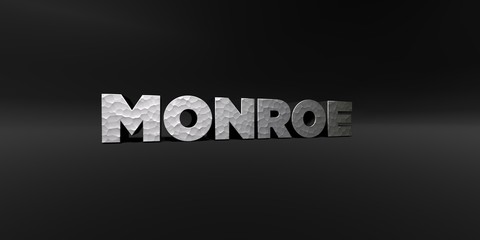 MONROE - hammered metal finish text on black studio - 3D rendered royalty free stock photo. This image can be used for an online website banner ad or a print postcard.