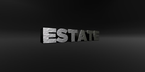 ESTATE - hammered metal finish text on black studio - 3D rendered royalty free stock photo. This image can be used for an online website banner ad or a print postcard.