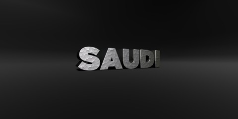 SAUDI - hammered metal finish text on black studio - 3D rendered royalty free stock photo. This image can be used for an online website banner ad or a print postcard.