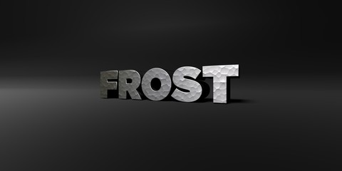 FROST - hammered metal finish text on black studio - 3D rendered royalty free stock photo. This image can be used for an online website banner ad or a print postcard.