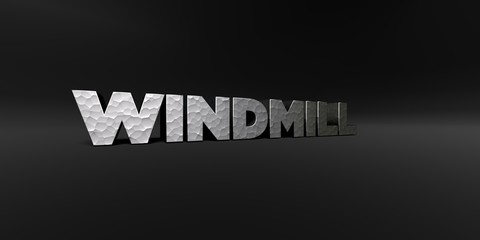 WINDMILL - hammered metal finish text on black studio - 3D rendered royalty free stock photo. This image can be used for an online website banner ad or a print postcard.