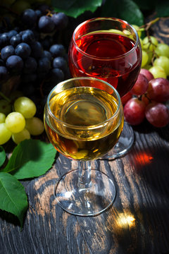 wine glasses on a wooden background, vertical, top view