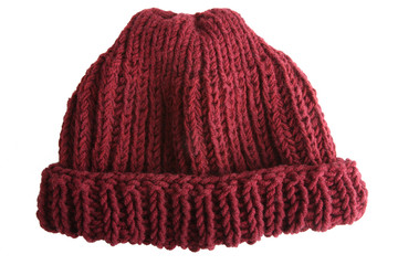 Knitted maroon hat, isolated on white background