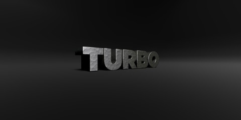 TURBO - hammered metal finish text on black studio - 3D rendered royalty free stock photo. This image can be used for an online website banner ad or a print postcard.