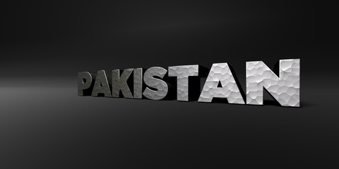 PAKISTAN - hammered metal finish text on black studio - 3D rendered royalty free stock photo. This image can be used for an online website banner ad or a print postcard.