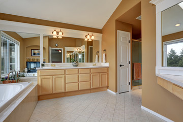 Fototapeta na wymiar Luxury bathroom interior. Orange brown walls and vaulted ceiling