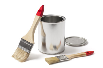 Open Metal Paint Can with New Brushes