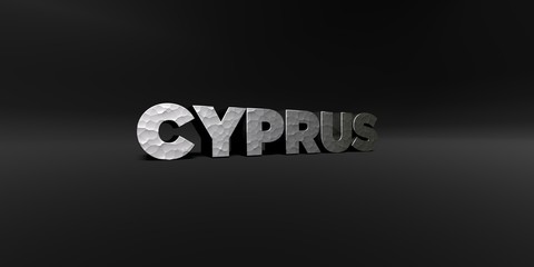 CYPRUS - hammered metal finish text on black studio - 3D rendered royalty free stock photo. This image can be used for an online website banner ad or a print postcard.
