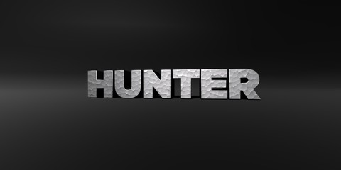 HUNTER - hammered metal finish text on black studio - 3D rendered royalty free stock photo. This image can be used for an online website banner ad or a print postcard.