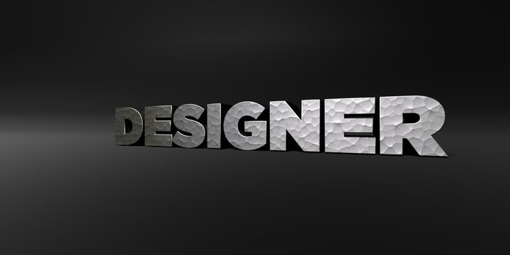 DESIGNER - hammered metal finish text on black studio - 3D rendered royalty free stock photo. This image can be used for an online website banner ad or a print postcard.