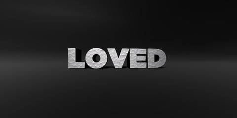 LOVED - hammered metal finish text on black studio - 3D rendered royalty free stock photo. This image can be used for an online website banner ad or a print postcard.