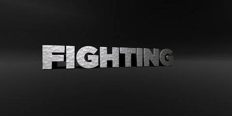 FIGHTING - hammered metal finish text on black studio - 3D rendered royalty free stock photo. This image can be used for an online website banner ad or a print postcard.
