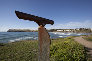 View across the popular tourist beach at polzeath, Cornwall, UK