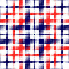Seamless tartan plaid pattern. Checkered textile design in red & navy blue stripes on white background. 