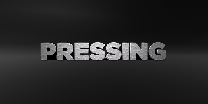 PRESSING - hammered metal finish text on black studio - 3D rendered royalty free stock photo. This image can be used for an online website banner ad or a print postcard.