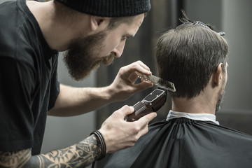 Cutting hair in barbershop - obrazy, fototapety, plakaty