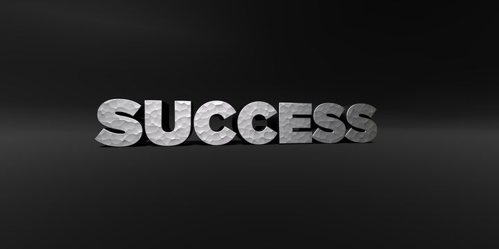 SUCCESS - hammered metal finish text on black studio - 3D rendered royalty free stock photo. This image can be used for an online website banner ad or a print postcard.