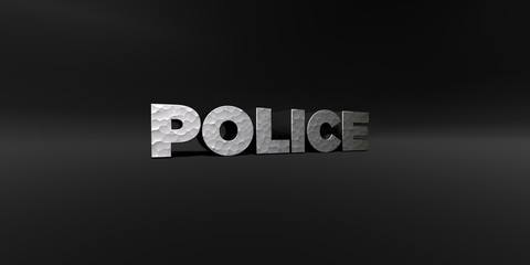 POLICE - hammered metal finish text on black studio - 3D rendered royalty free stock photo. This image can be used for an online website banner ad or a print postcard.