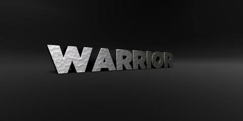WARRIOR - hammered metal finish text on black studio - 3D rendered royalty free stock photo. This image can be used for an online website banner ad or a print postcard.