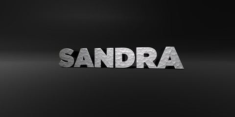 SANDRA - hammered metal finish text on black studio - 3D rendered royalty free stock photo. This image can be used for an online website banner ad or a print postcard.